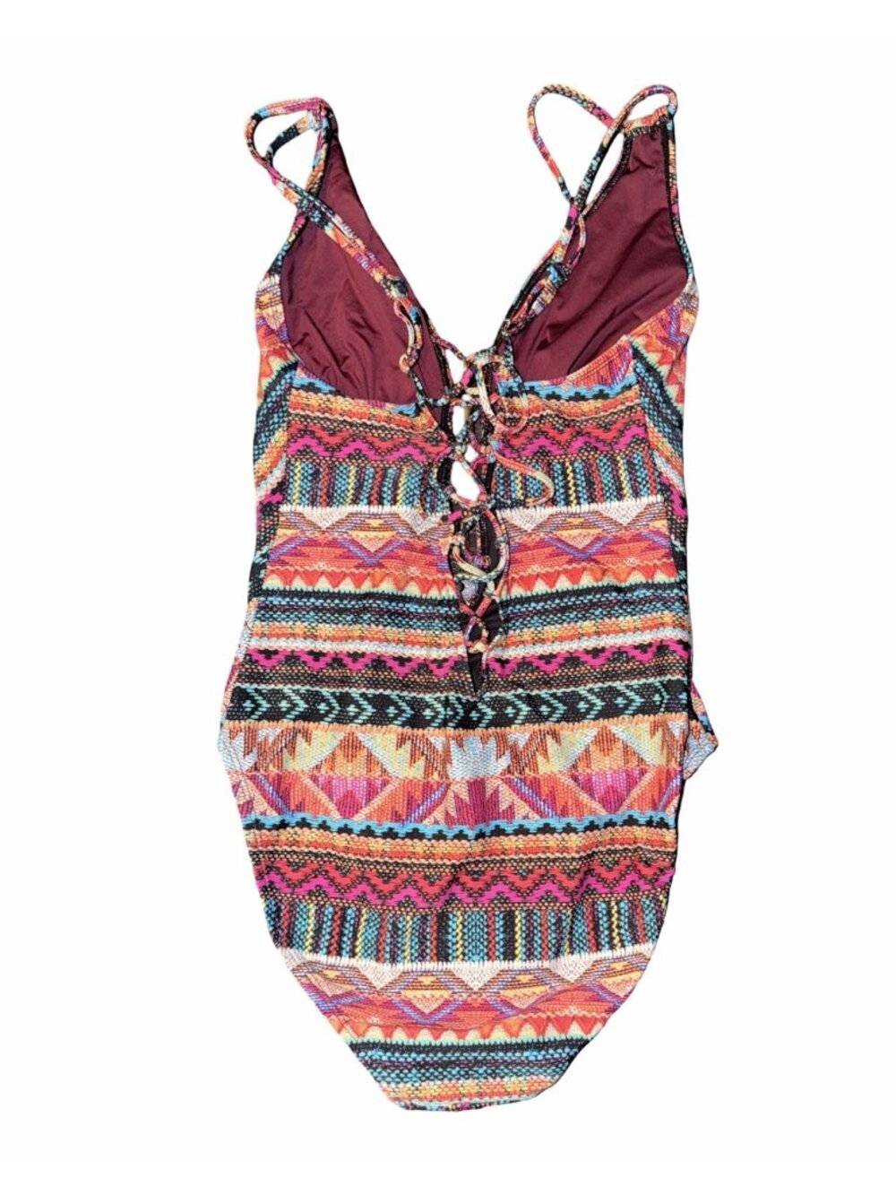 La Blanca Boho Tribal Lace-Up One Piece Swimsuit Multicolor Geometric Sz 2 Beach - Picture 3 of 9